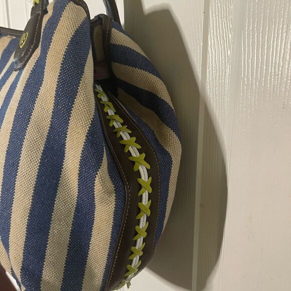 Big Buddha navy Blue &Beige stripes Fabric Large Tote Bag synthetic brown straps - Picture 4 of 16